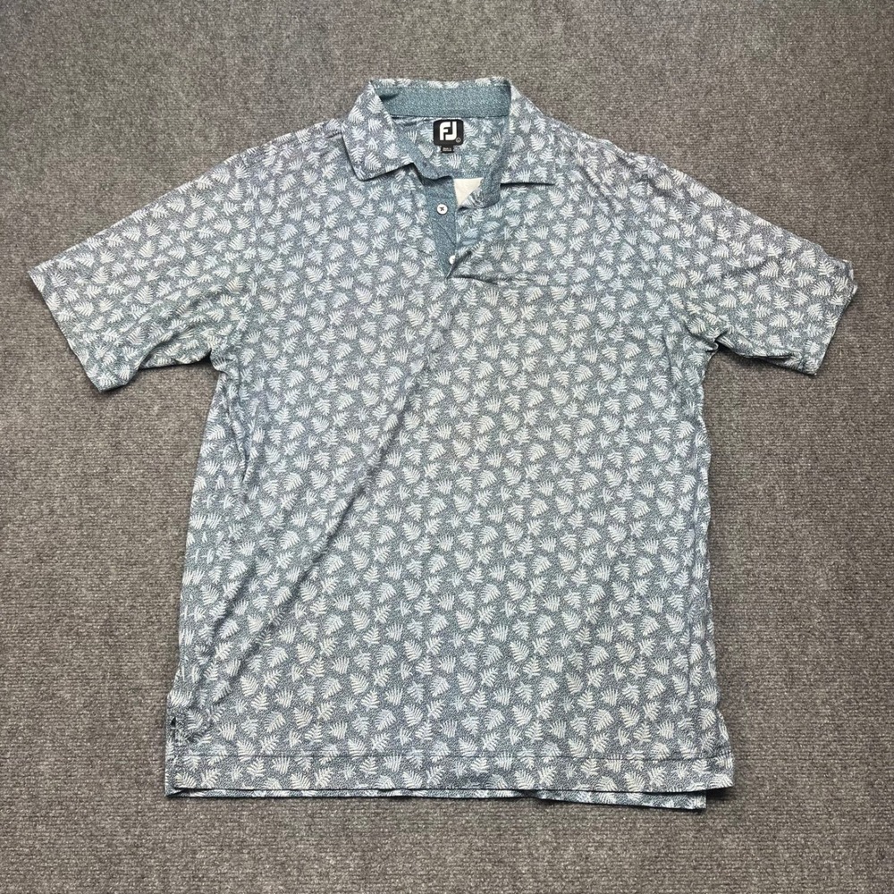 FootJoy Mens Lisle Golf Polo Shirt Large Blue White Leaf Print Performance L